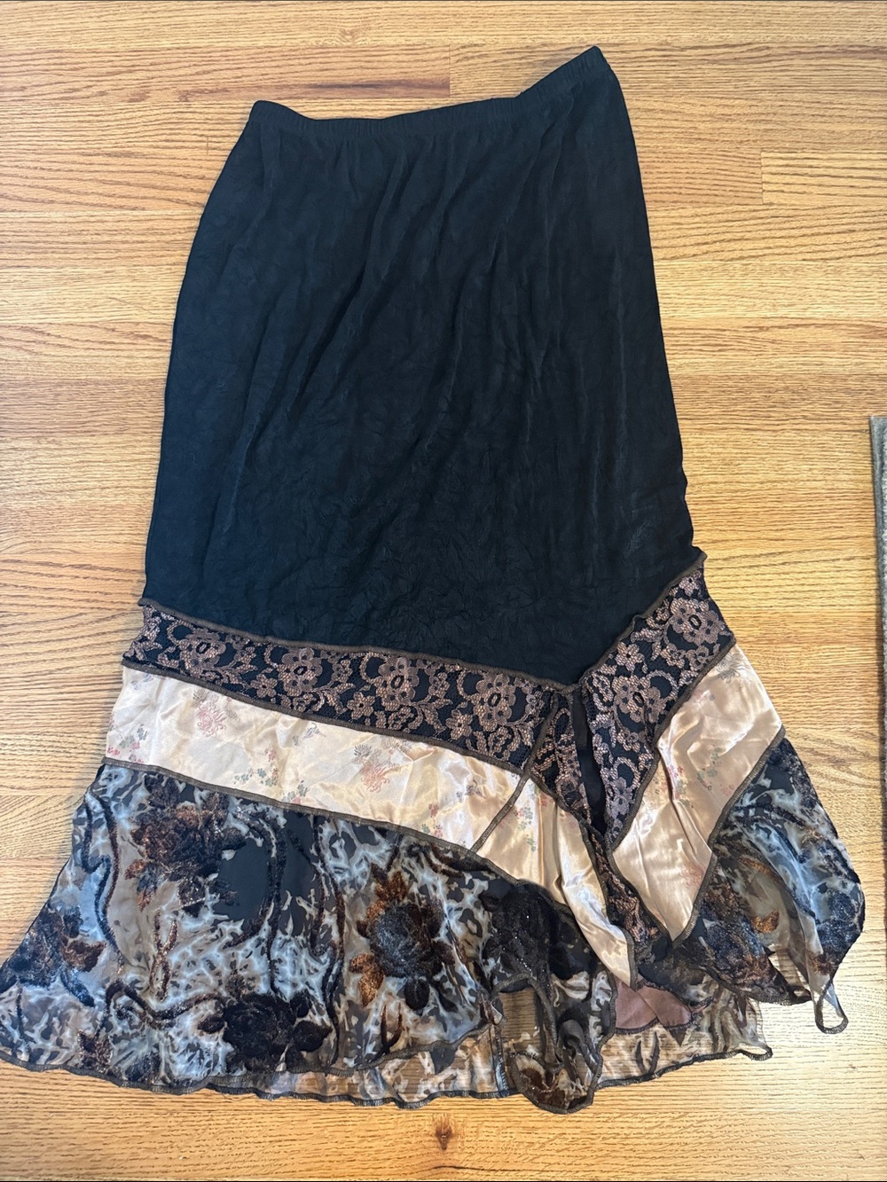 Women's Black Asymmetrical Boho Skirt with Brown & Cream Trim
